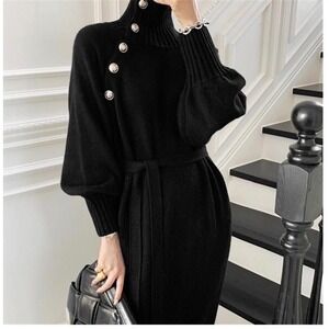Black Turtleneck Knit Sweater Dress Gold Button Lantern Sleeve Belted Small Midi